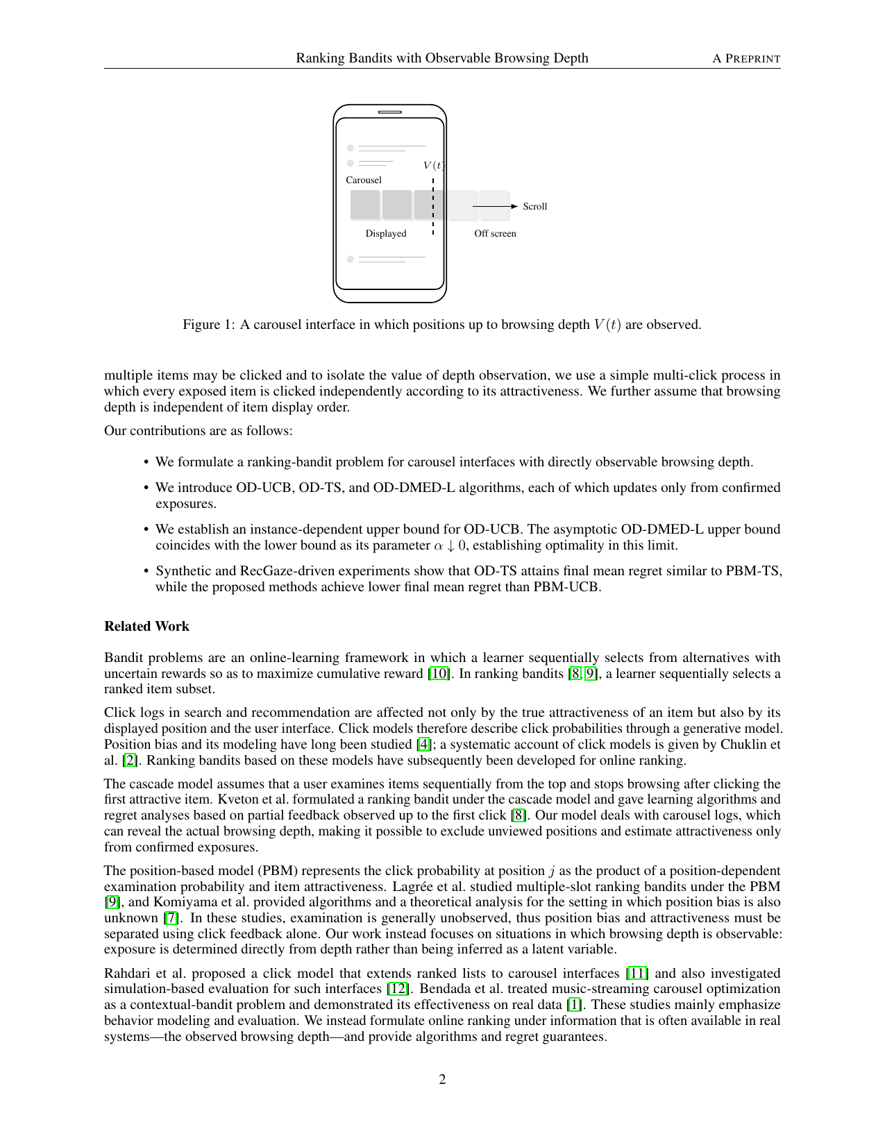 方法与界（PDF）：OD-UCB 有限时间上界与 OD-DMED-L 渐近上界的位置。
